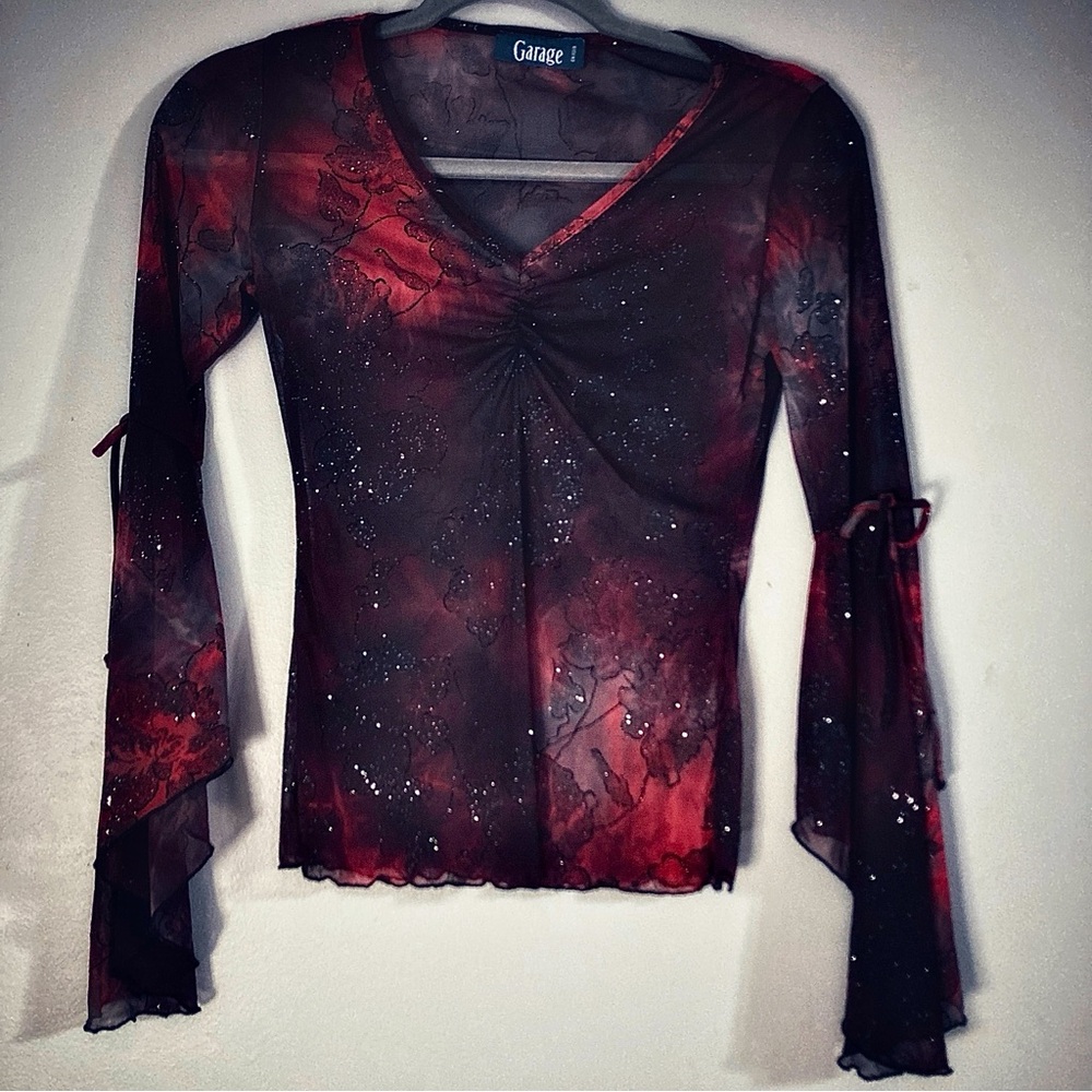 Y2K black and red ombre sparkly bell sleeve sheer gothic shirt